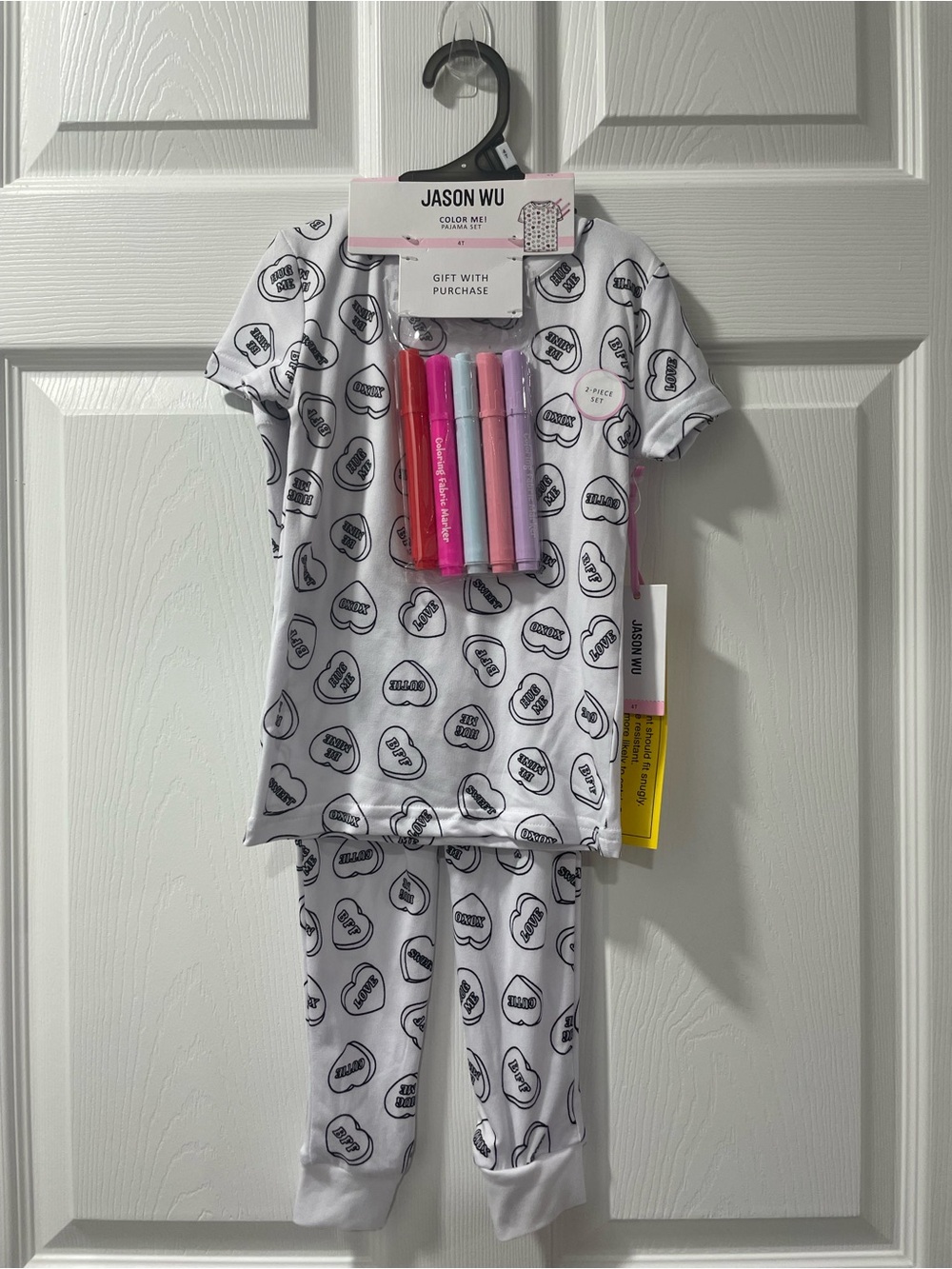 Jason Wu Kids White Pajama Set with Black Heart Print and Pink/Purple Markers